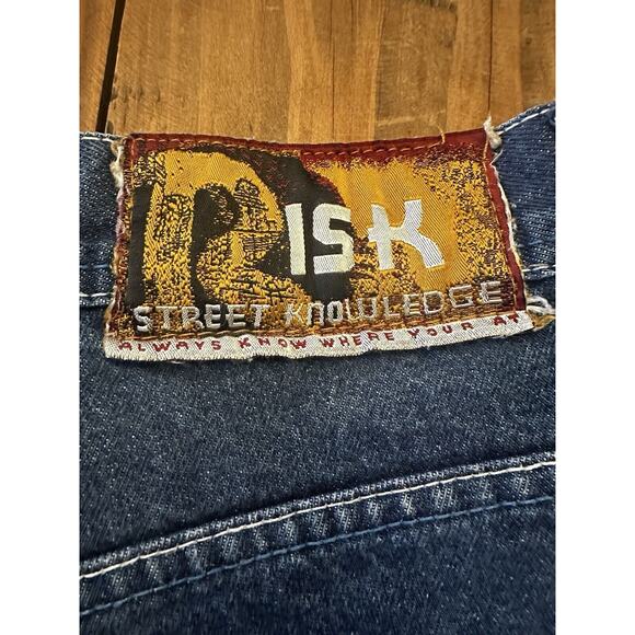 Y2K RISK NYC Street Knowledge Embroidered Jeans Mens 38x32 Baggy Skater Wide Leg - Picture 6 of 16